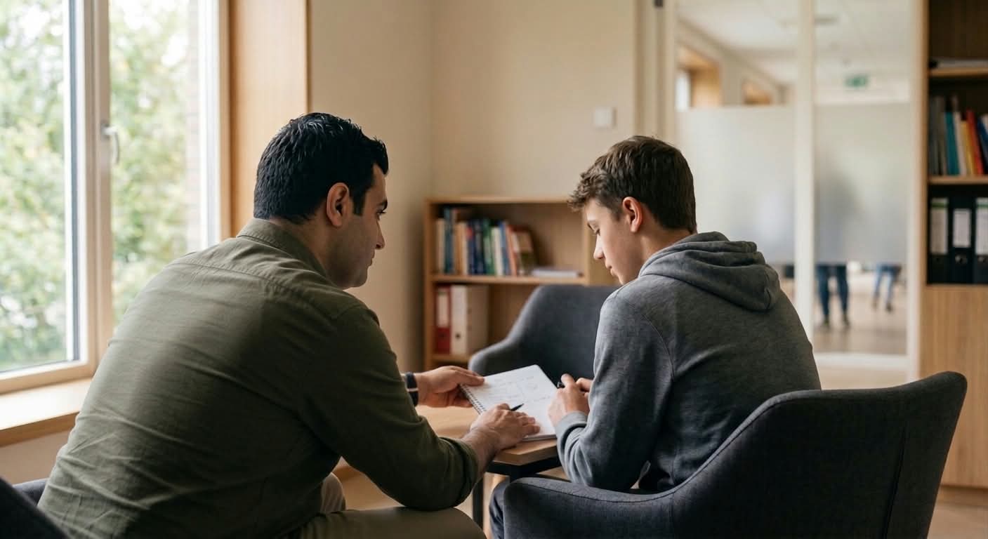 Jeugdhulpverlener in gesprek met een jongere aan tafel